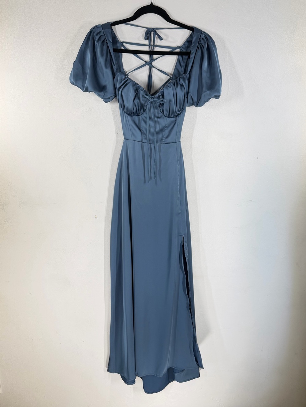 Cider Blue Satin Puff Sleeve Corset Midi Dress Coquette Cottagecore Wedding
